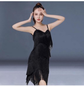Fringe competition latin dance dresses for women girls black salsa rumba chacha stage performance costumes for female